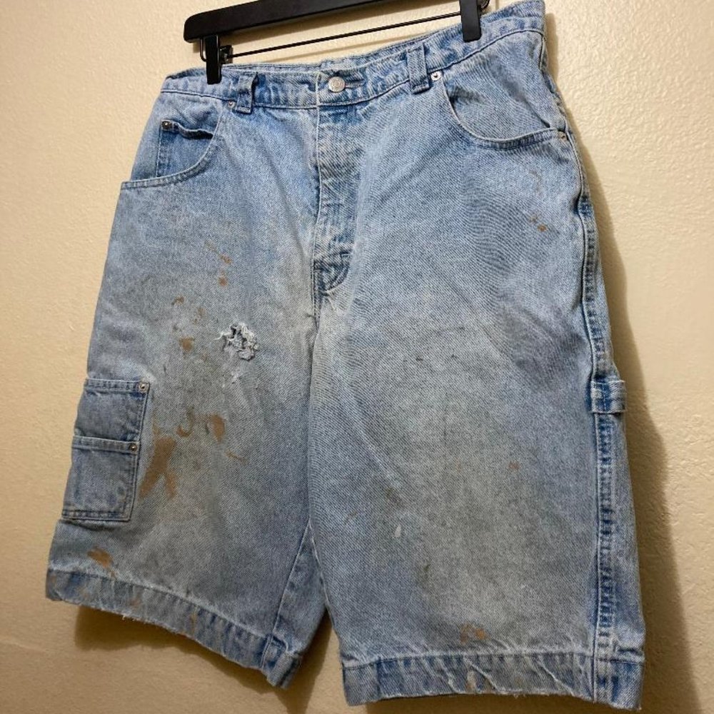 Vintage Jordache Men's Thrashed Light Denim Cargo Long Shorts Distressed Size 34